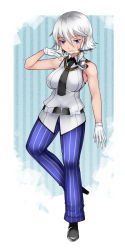 Rule 34 | 1girl, alternate costume, aoshima, bare arms, bare shoulders, belt, black belt, black footwear, black necktie, blue background, blue eyes, blue pants, braid, breasts, closed mouth, commentary request, dagger, full body, gloves, hair between eyes, high heels, highres, holding, holding dagger, holding knife, holding weapon, izayoi sakuya, knife, large breasts, looking at viewer, necktie, pants, pinstripe pants, pinstripe pattern, shirt, short hair, silver hair, single braid, sleeveless, sleeveless shirt, solo, standing, standing on one leg, striped background, striped clothes, striped pants, touhou, two-tone background, vertical-striped clothes, vertical-striped pants, weapon, white background, white gloves, white shirt