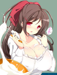 Rule 34 | 10s, 1girl, apron, blush, breasts, brown hair, cleavage, covered erect nipples, cream, cream on face, food, food on face, hair ornament, hair ribbon, hairclip, huge breasts, kantai collection, kappougi, large breasts, long hair, looking at viewer, mamiya (kancolle), mixing bowl, multiple girls, red eyes, ribbon, saliva, saliva trail, sexually suggestive, solo, translated, watanon (gakushokutei), whisk