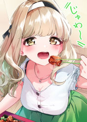 Rule 34 | 1girl, absurdres, bento, blush, breasts, buttons, chicken (food), chopsticks, cleavage, commentary, eating, food, fried chicken, green skirt, hairband, highres, indoors, large breasts, light brown hair, long hair, looking at viewer, marinasu (kari), open mouth, otonoha naho, shirt, short sleeves, sitting, skirt, solo, todo-akira, upper body, virtual youtuber, white shirt