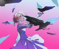 Rule 34 | 1girl, bad id, bad twitter id, bird, bird on hand, blonde hair, buttons, commentary, crow, double-breasted, dress, english commentary, from side, gradient background, hand up, original, pink background, purple dress, red eyes, solo, tsu (lovesick1964), two (tsu (lovesick1964))