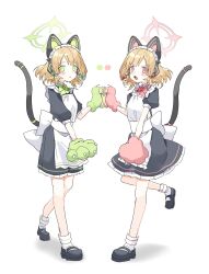 Rule 34 | 2girls, animal ear headphones, animal ears, animal hands, ankle cuffs, apron, back bow, black footwear, blonde hair, blue archive, blush, bow, bowtie, cat ear headphones, fake animal ears, fake tail, fang, full body, gloves, green bow, green bowtie, green eyes, halo, headphones, highres, looking at viewer, maid apron, maid headdress, mary janes, midori (blue archive), midori (maid) (blue archive), momoi (blue archive), momoi (maid) (blue archive), multiple girls, open mouth, paw gloves, pink bow, pink bowtie, pink eyes, sentouryoku 5, shoes, siblings, simple background, sisters, sketch, skin fang, socks, tail, twins, white background, white socks