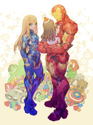 Rule 34 | 1boy, 2girls, alien, animification, arc reactor, armor, arrow (projectile), avengers: endgame, avengers (series), blonde hair, blue bodysuit, blue eyes, bodysuit, box, breasts, brown hair, cake, car, child, christmas, christmas tree, crossover, doll, family, father and daughter, food, full body, gift, groot, hat, unworn headwear, helmet, hulk, iron man, long hair, looking at viewer, marvel, marvel cinematic universe, medium breasts, mjolnir (marvel), morgan stark, mother and daughter, motor vehicle, multiple girls, mushroom, nakayama tooru, party hat, pepper potts, power armor, red headwear, rescue (iron man), rocket raccoon, santa hat, science fiction, shield, simple background, small breasts, smile, spider-man, standing, star (symbol), toy, weapon, white background