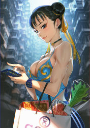 Rule 34 | 1girl, bag, bare shoulders, black eyes, blush, breasts, brown hair, capcom, cellphone, choker, chun-li, cleavage, closed mouth, collarbone, commentary request, company name, double bun, food, gold trim, hair bun, highres, holding, large breasts, lips, looking at viewer, mhk (mechamania), muscular, pants, phone, shiny skin, simple background, sleeveless, smile, solo, street fighter, striped, toy block, upper body, vertical stripes, watch