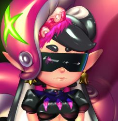 Rule 34 | 1girl, alternate costume, callie (splatoon), black hair, breasts, closed mouth, crop top, earrings, food, food on head, jewelry, looking at viewer, nintendo, object on head, placeholdname, pointy ears, puffy short sleeves, puffy sleeves, short sleeves, small breasts, solo, splatoon (series), splatoon 2, sunglasses, sushi, tentacles, tentacle hair, upper body