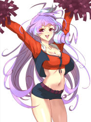 Rule 34 | 1girl, alternate costume, breasts, cleavage, don (rg06268), floating hair, hands up, highres, long hair, macross, macross delta, medium breasts, midriff, mikumo guynemer, navel, open mouth, pom pom (cheerleading), purple hair, red eyes, short shorts, shorts, smile, solo, very long hair, white background