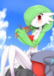 Rule 34 | . ., 1girl, black eyes, blue sky, blush, bob cut, bread, breasts, cheese, cloud, collarbone, colored skin, creatures (company), day, fang, female focus, food, g (genesis1556), game freak, gardevoir, gen 3 pokemon, gen 4 pokemon, get, gible, green hair, green skin, hair over one eye, hands up, highres, holding, holding food, knees together feet apart, knees up, legs, lettuce, looking at viewer, multicolored skin, nintendo, objectification, one eye covered, open mouth, outdoors, own hands together, pokemon, pokemon (creature), red eyes, rock, sandwich, short hair, sitting, sky, small breasts, solo focus, submarine sandwich, thighs, tomato, tomato slice, two-tone skin, white skin