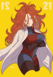 Rule 34 | 1girl, android, android 21, arm warmers, big hair, black-framed eyewear, black nails, black pantyhose, blue eyes, breasts, brown hair, cropped jacket, crossed arms, curly hair, dragon ball, dragon ball fighterz, dress, ear piercing, earrings, female focus, highres, hoop earrings, jewelry, lab coat, long hair, long sleeves, looking to the side, multicolored clothes, multicolored dress, nail polish, no eyewear, pantyhose, piercing, red hair, signature, simple background, smile, solo, tama azusa hatsu, thighs, turtleneck, turtleneck dress, twitter username, yellow background