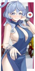 Rule 34 | 1girl, absurdres, ako (blue archive), ako (dress) (blue archive), bare shoulders, blue archive, blue dress, blue eyes, blue hair, breasts, cleavage, dress, haerge, highres, large breasts, looking at viewer, smile, solo, standing