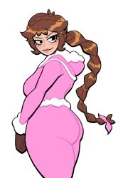 Rule 34 | 1girl, ass, blush, bow, braid, braided ponytail, brown hair, hair bow, highres, ice climber, long hair, looking at viewer, lovetopullmicke, nana (ice climber), nintendo, parka, smile, thick lips, thick thighs, thighs