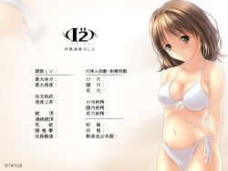 Rule 34 | 1girl, bikini, blush, breasts, brown eyes, brown hair, cameltoe, cleavage, game cg, i&#039;&#039;s, long hair, looking at viewer, navel, parted lips, solo, standing, stats, swimsuit, text focus, translation request, yoshizuki iori