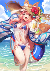 Rule 34 | 1girl, absurdres, animal ear fluff, animal ears, bikini, bikini under clothes, blue bikini, blue sky, breasts, cleavage, cloud, cloudy sky, commentary, commentary request, day, ears through headwear, fang, fate/grand order, fate (series), flower, flower ornament, food, fox ears, fox girl, fox tail, fruit, hat, highres, ice, innertube, kuro (ning2763), large breasts, looking at viewer, ocean, one eye closed, outdoors, pink hair, see-through, shirt, side-tie bikini bottom, sky, solo, straw hat, sweat, swim ring, swimsuit, tail, tamamo (fate), tamamo no mae (fate/extra), tamamo no mae (swimsuit lancer) (fate), tamamo no mae (swimsuit lancer) (second ascension) (fate), wet, wet clothes, wet shirt, yellow eyes