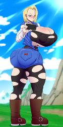 Rule 34 | 1girl, absurdres, android 18, ass, ber00, blonde hair, blue eyes, blue shorts, blush, boots, breast hold, breasts, cellphone, cleavage, collarbone, covered erect nipples, denim, dragon ball, dragonball z, earrings, highres, holding, holding phone, huge breasts, jeans, jewelry, looking at viewer, outdoors, pants, parted bangs, phone, selfie, short hair, shorts, solo, sweat, thick thighs, thighs, torn clothes