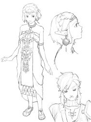 Rule 34 | 1boy, 1girl, armlet, armor, bare shoulders, braid, closed mouth, commentary, crown braid, dress, earrings, from side, full body, greyscale, gtsleep1200, half-closed eyes, high collar, highres, jewelry, link, looking at viewer, looking down, medium hair, monochrome, multiple views, necklace, nintendo, notched neckline, pointy ears, princess zelda, profile, sandals, short hair, shoulder armor, simple background, sketch, standing, strapless, strapless dress, the legend of zelda, the legend of zelda: tears of the kingdom, tiara, toes, upper body, white background