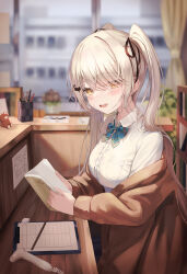 Rule 34 | 1girl, akie (44265104), black ribbon, blonde hair, blue bow, blurry, blurry background, blush, book, bow, breasts, collared shirt, hair ornament, hair ribbon, highres, holding, holding book, indoors, looking at viewer, medium breasts, off shoulder, open book, open mouth, orange eyes, original, plaid, plaid bow, ribbon, shirt, sitting, solo, twintails, white shirt
