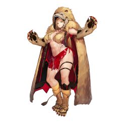 Rule 34 | 1girl, animal feet, animal hands, ankle boots, bandaged leg, bandages, blonde hair, bodypaint, boots, breasts, cape, claws, closed mouth, fang, full body, fur boots, game cg, gloves, hair censor, highres, jam (nandade), jewelry, large breasts, last origin, leather, leather boots, lion hood, lion tail, long hair, looking at viewer, micro panties, necklace, official art, panties, paw gloves, paw shoes, queen of mane, red panties, red sarong, sarong, simple background, smile, solo, tachi-e, tail, thigh strap, topless, torn clothes, torn sarong, transparent background, underwear, yellow eyes