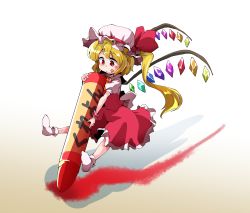 Rule 34 | 1girl, absurdres, ascot, breasts, brown background, closed mouth, crayon, flandre scarlet, full body, gradient background, hat, hat ribbon, highres, holding, holding crayon, licking lips, long hair, looking down, mob cap, red eyes, red ribbon, red skirt, ribbon, shinapuu, side ponytail, skirt, skirt set, smile, socks, solo, tongue, tongue out, touhou, vest, white background, white socks