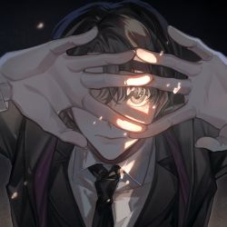 Rule 34 | 1boy, arms up, black hair, black jacket, black necktie, brown eyes, chinese commentary, commentary request, covering own eyes, dark, hands on own face, highres, jacket, klein moretti, lips, looking up, lord of the mysteries, nail, necktie, shiqi274, shirt, short hair, solo, sunlight, white shirt
