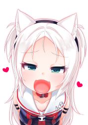 Rule 34 | 1girl, :d, animal ear fluff, animal ears, azur lane, bare shoulders, belt collar, black hairband, blue shirt, blush, breasts, cat ears, collar, commentary request, forehead, green eyes, hair strand, hairband, heart, highres, kirisame mia, leaning forward, long hair, looking at viewer, open mouth, parted bangs, red collar, red neckwear, sailor collar, school uniform, serafuku, shirt, simple background, sims (azur lane), sleeveless, sleeveless shirt, small breasts, smile, smug, solo, very long hair, white background, white hair, white sailor collar