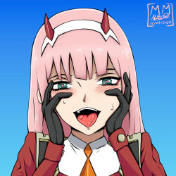 Rule 34 | darling in the franxx, green eyes, heart, heart-shaped pupils, horn ornament, horns, looking at viewer, open mouth, pink eyes, pink hair, symbol-shaped pupils, zero two (darling in the franxx)