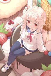 Rule 34 | 1girl, absurdres, ahoge, bendy straw, black sailor collar, black skirt, black thighhighs, blue archive, cake, cardigan, commentary, drinking, drinking straw, drinking straw in mouth, food, fruit, full body, hair ornament, highres, ice cream cone, in food, juice box, klaius, light blush, long hair, long sleeves, miniskirt, natsu (blue archive), neckerchief, oversized food, oversized object, pleated skirt, raspberry, red eyes, red neckerchief, sailor collar, shoes, side ponytail, sitting, skirt, sneakers, solo, strawberry, sweets, thighhighs, white cardigan, white footwear, white hair, zettai ryouiki