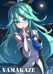 Rule 34 | 10s, 1girl, 2016, aqua eyes, aqua hair, arm at side, bare shoulders, black dress, blurry, blush, breasts, character name, dated, depth of field, detached sleeves, dress, finger to mouth, full moon, hair between eyes, hair ornament, hairclip, highres, island, kantai collection, long hair, looking at viewer, moon, night, night sky, signature, sky, small breasts, solo, upper body, water, yamakaze (kancolle), yaosera