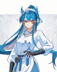 Rule 34 | 1girl, absurdres, arknights, black gloves, blue eyes, blue hair, blush, braid, chinese clothes, chinese commentary, commentary request, dragon horns, dress, earrings, floating hair, gloves, hand on own hip, hanfu, highres, hip vent, horns, huaxiao0826, jewelry, ling (arknights), long hair, long sleeves, looking at viewer, multicolored hair, parted lips, pointy ears, ponytail, red hair, smile, solo, tassel, upper body, very long hair, white dress, white hair