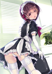 Rule 34 | 1girl, :o, apron, ass, bad id, bad pixiv id, black dress, window blinds, breasts, brown eyes, brown hair, cabinet, chair, crotch seam, day, dress, elbow gloves, frilled apron, frills, from behind, garter straps, gloves, high heels, highres, indoors, kobayashi chisato, lace trim, looking at viewer, looking back, maid, maid headdress, office chair, open mouth, original, panties, pantyshot, plant, potted plant, puffy short sleeves, puffy sleeves, short dress, short hair, short sleeves, sidelocks, small breasts, solo, standing, swivel chair, thighhighs, thighs, underwear, upskirt, white gloves, white panties, white thighhighs