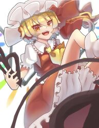 Rule 34 | 1girl, absurdres, ascot, blonde hair, bloomers, cowboy shot, crystal wings, dress, flandre scarlet, hat, hat ribbon, highres, laevatein (touhou), mob cap, open mouth, red dress, red eyes, red ribbon, ribbon, solo, touhou, underwear, user gpvc4437, yellow ascot