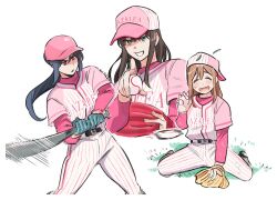 Rule 34 | 3girls, azalea (love live!), baseball, baseball bat, baseball cap, baseball glove, baseball uniform, black hair, blonde hair, blue gloves, blush, brown hair, closed eyes, commentary request, gloves, grass, hat, korean commentary, kunikida hanamaru, kurosawa dia, long hair, long sleeves, love live!, love live! sunshine!!, matsuura kanan, mole, mole under mouth, motion blur, multiple girls, open mouth, pants, parted lips, pink shirt, pito (sh02327), pointing, pointing at viewer, ponytail, purple eyes, shirt, simple background, smile, sportswear, striped clothes, striped pants, striped shirt, v-shaped eyebrows, white background, white pants