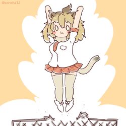 Rule 34 | 1girl, animal ears, arms up, brown background, brown hair, coroha, extra ears, full body, jacket, jumping, kemono friends, lion (kemono friends), lion ears, lion girl, lion tail, long hair, looking at viewer, necktie, scarf, shoes, simple background, skirt, solo, tail, thighhighs