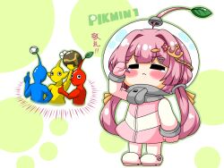 Rule 34 | 1girl, 3others, anchor hair ornament, blue pikmin, blush, boots, chibi, closed eyes, closed mouth, crossover, fish hair ornament, gloves, hair intakes, hair ornament, hand up, helmet, highres, indie virtual youtuber, jacket, kurukurumagical, leaf, misaki nagi, multiple others, nintendo, pikmin (series), pikmin 1, pink gloves, pink hair, pink jacket, red pikmin, salute, space helmet, standing, star (symbol), star hair ornament, tears, translation request, virtual youtuber, white background, white footwear, yellow pikmin