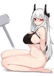 Rule 34 | 1girl, :o, after vaginal, aftersex, arknights, arms behind back, black bra, blush, bottomless, bound, bra, breasts, cum, cum in pussy, cum on body, cum on legs, cumdrip, demon horns, facial, from side, full body, grey hair, hair between eyes, horns, inniyik, large breasts, looking at viewer, mudrock (arknights), red eyes, rope, seiza, simple background, sitting, solo, underwear, war hammer, weapon, white background