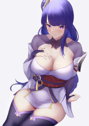 Rule 34 | 1girl, absurdres, braid, breasts, bridal gauntlets, cleavage, genshin impact, hair ornament, highres, japanese clothes, kimono, large breasts, long hair, long sleeves, looking at viewer, low-braided long hair, low-tied long hair, mole, mole under eye, obi, off shoulder, okuma707, purple eyes, purple hair, purple kimono, purple thighhighs, raiden shogun, sash, shrug (clothing), sitting, solo, thighhighs, thighs, very long hair, wide sleeves