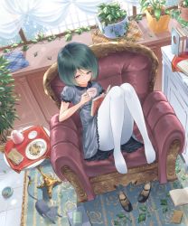 Rule 34 | 1girl, armchair, blue eyes, bob cut, book, bowl, cat, chair, cookie, cup, feet, feet on chair, flower pot, food, from above, green hair, indoors, open book, original, pantyhose, pet bowl, plant, shoes, unworn shoes, short hair, sitting, solo, teacup, teapot, white pantyhose, yamaishi nohi