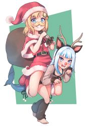 Rule 34 | 2girls, alternate costume, animal costume, animal ears, antlers, bent over, blonde hair, blue eyes, blue hair, capelet, carrying, christmas, claw pose, collarbone, commentary, fake animal ears, fake antlers, fake facial hair, fake mustache, fins, fish tail, fur-trimmed headwear, fur trim, gawr gura, hair ornament, hat, highres, holding, hololive, hololive english, horns, kiirokuma, leg warmers, long hair, looking at viewer, multiple girls, open mouth, red footwear, red headwear, reindeer antlers, reindeer costume, sack, santa costume, santa hat, shark tail, sharp teeth, short hair, smile, tail, teeth, virtual youtuber, watson amelia