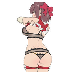 Rule 34 | 1girl, ass, black bra, black panties, blush, bra, breasts, brown eyes, brown hair, butt crack, clothes lift, clothes pull, commentary, cowboy shot, elbow pads, frilled bra, frilled panties, frills, from behind, girls und panzer, headband, highres, kondou taeko, lifted by self, lingerie, looking at viewer, looking back, medium breasts, medium hair, onsen tamago (hs egg), panties, red headband, red shirt, red shorts, see-through, self exposure, shirt, shirt lift, short shorts, shorts, shorts pull, simple background, single vertical stripe, sleeveless, sleeveless shirt, solo, sportswear, standing, sweatdrop, underwear, volleyball uniform, white background