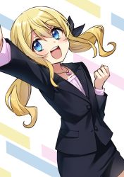 Rule 34 | 1girl, :d, arm up, black jacket, black ribbon, black skirt, blonde hair, blue eyes, clenched hand, collarbone, commentary request, extreme hearts, formal, hair between eyes, hair ribbon, hand up, heart, highres, jacket, long hair, long sleeves, looking at viewer, nono (extreme hearts), open mouth, pink shirt, ribbon, round teeth, shirt, skirt, skirt suit, smile, solo, somechime (sometime1209), standing, suit, teeth, twintails, upper teeth only, very long hair