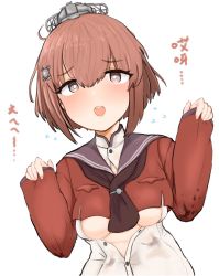 Rule 34 | 1girl, breasts, brown eyes, brown hair, brown neckerchief, brown sailor collar, dress, hair ornament, hairclip, headgear, highres, kantai collection, long sleeves, neckerchief, red shirt, sailor collar, sailor shirt, shiming liangjing, shirt, short hair, small breasts, solo, tan yang (kancolle), upper body, white dress, yukikaze (kancolle)