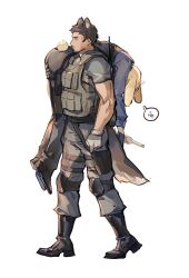 Rule 34 | 2boys, animal ears, ass, blush visible through hair, bottle, bulletproof vest, carrying, carrying over shoulder, carrying person, chris redfield, drunk, e (h798602056), ears down, from side, full body, highres, leon s. kennedy, male focus, mature male, military, military uniform, multiple boys, muscular, muscular male, rabbit boy, rabbit ears, rabbit tail, resident evil, resident evil 4, resident evil 4 (remake), short hair, tail, unfinished, uniform, walking, wine bottle, wolf boy, wolf ears, wolf tail, yaoi