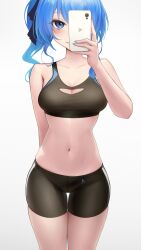 Rule 34 | 1girl, absurdres, arm behind back, bare shoulders, bike shorts, black shorts, black sports bra, blue eyes, blue hair, blue nails, breasts, cellphone, cleavage, cleavage cutout, clothing cutout, collarbone, grey background, hair ribbon, high side ponytail, highres, holding, holding phone, hololive, hoshimachi suisei, looking at viewer, medium breasts, midriff, nail polish, navel, phone, ribbon, selfie, short shorts, shorts, side ponytail, simple background, skindentation, smile, solo, somebody (leiking00), sports bra, star (symbol), star in eye, stomach, symbol in eye, thigh gap, thighs, virtual youtuber, workout clothes