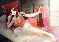 Rule 34 | 1girl, :d, bare legs, barefoot, bow, breasts, brown hair, detached sleeves, female focus, futon, hair bow, hakurei reimu, long hair, lying, nipples, on side, open mouth, porurin (do-desho), red eyes, see-through, smile, solo, touhou