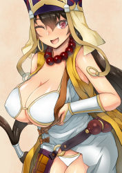Rule 34 | 1girl, ;d, arino towatari, bare shoulders, bead necklace, beads, bikini, bikini top only, black hair, blush, breast hold, breast lift, breasts, breasts out, cleavage, cowboy shot, fate/grand order, fate (series), female pubic hair, gourd, hair between eyes, jewelry, large breasts, long hair, looking at viewer, low-tied long hair, necklace, no panties, one eye closed, open mouth, prayer beads, pubic hair, red eyes, sleeveless, smile, solo, swimsuit, vambraces, very long hair, white bikini, xuangzang sanzang (fate)