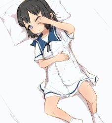 Rule 34 | 1girl, alchera, black hair, blue eyes, blue sailor collar, bob cut, commentary request, daitou (kancolle), dress, high ponytail, kantai collection, lying, one-hour drawing challenge, one eye closed, pillow, sailor collar, sailor dress, short hair, short sleeves, sidelocks, socks, solo, waking up, white dress, white socks