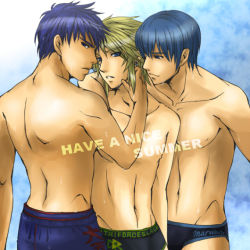 Rule 34 | 3boys, abs, alternate costume, arm around neck, bare back, bare shoulders, black male swimwear, black swim briefs, blonde hair, blue eyes, blue hair, blue male swimwear, blue swim briefs, blue swim trunks, earrings, english text, fire emblem, hand on another&#039;s cheek, hand on another&#039;s face, hip focus, ike (fire emblem), jewelry, link, male focus, male swimwear, marth (fire emblem), multiple boys, navel, nintendo, open mouth, pectorals, pointy ears, print male swimwear, print swim briefs, print swimsuit, short hair, smile, summer, super smash bros., swim briefs, swim briefs writing, swim trunks, swim trunks writing, swimsuit, swimsuit writing, teru suzu, the legend of zelda, triforce print, wet, yaoi