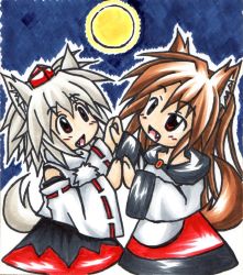 Rule 34 | 2girls, :d, animal ears, bare shoulders, blush, brooch, brown hair, detached sleeves, dress, fang, full moon, happy, hat, highres, holding hands, imaizumi kagerou, inte (whitewolftail), inubashiri momiji, jewelry, long hair, long sleeves, looking up, marker (medium), moon, multiple girls, night, night sky, open mouth, red eyes, short hair, silver hair, skirt, sky, smile, tail, tengu, tokin hat, touhou, traditional media, wide sleeves, wolf ears, wolf girl, wolf tail