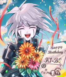 Rule 34 | 1boy, :d, android, armor, character name, closed eyes, danganronpa (series), danganronpa v3: killing harmony, dated, day, facing viewer, flower, green sky, grey hair, happy birthday, headphones, highres, holding, holding flower, k1-b0, medium hair, open mouth, orange flower, outdoors, pale skin, pikkiy0529, pink flower, power armor, smile, solo, upper body