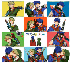 Rule 34 | 2boys, armor, blonde hair, blue eyes, blue hair, blush, bomb, cape, chainmail, doughnut, earrings, explosive, fire emblem, fire emblem: path of radiance, food, gloves, hat, headband, heart, holding, holding sword, holding weapon, ike (fire emblem), jewelry, kiss, kissing cheek, link, multiple boys, nikayu, nintendo, pointy ears, smile, super smash bros., sword, the legend of zelda, the legend of zelda: twilight princess, v, weapon
