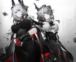 Rule 34 | 2girls, absurdres, arknights, backlighting, black dress, blood, blood on hands, blouse, corset, dress, frilled shirt, frills, grey eyes, grey hair, hair intakes, highres, horns, jewelry, kashyna (arknights), multiple girls, one eye covered, own hands together, ring, shirt, talulah (arknights), white shirt, yushe quetzalli