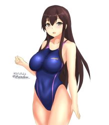Rule 34 | 1girl, akagi (kancolle), blue one-piece swimsuit, breasts, brown eyes, brown hair, competition swimsuit, cowboy shot, dated, highleg, highleg leotard, highres, kantai collection, large breasts, leotard, long hair, looking at viewer, montemasa, one-piece swimsuit, simple background, skin tight, solo, straight hair, swimsuit, twitter username, white background