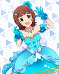 Rule 34 | 1girl, amami haruka, blue dress, brown hair, card (medium), dress, gloves, green eyes, hat, idolmaster, idolmaster million live!, idolmaster million live! theater days, jewelry, mini hat, necklace, official art, open mouth, solo